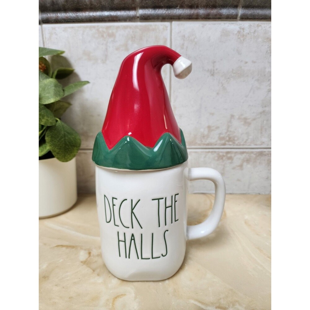 Rae Dunn Deck The Halls Christmas Mug With Elf Hat Lid